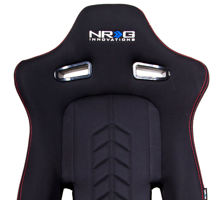 NRG Sport Seats (Pair) Cloth w/NRG Logo & NRG Arrow Cushion Imprint - Black w/Red Stitch