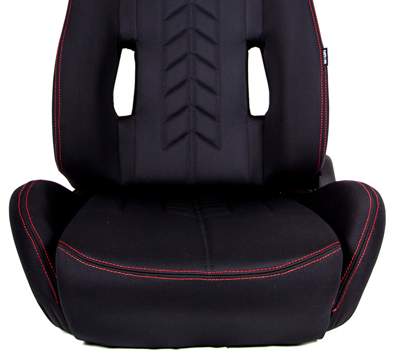 NRG Sport Seats (Pair) Cloth w/NRG Logo & NRG Arrow Cushion Imprint - Black w/Red Stitch