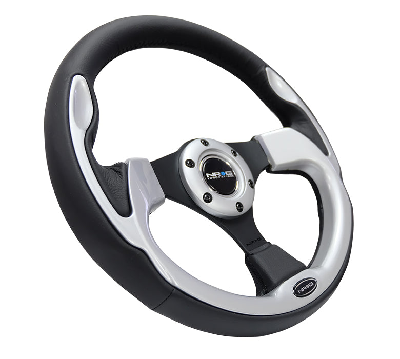 NRG Reinforced Steering Wheel (320mm) Blk w/Silver Trim & 5mm 3-Spoke - 0