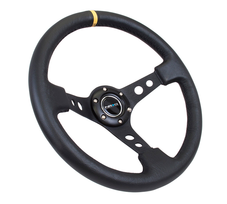 NRG Reinforced Steering Wheel (350mm / 3in. Deep) Blk Leather w/Blk Cutout Spoke/Yellow Center Mark - 0