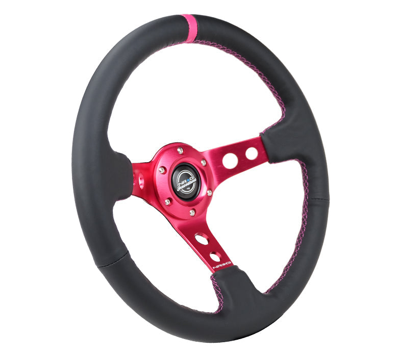 NRG Reinforced Steering Wheel (350mm/3in. Deep) Black Leather/ Fushia Center Mark/ Fushia Stitching - 0