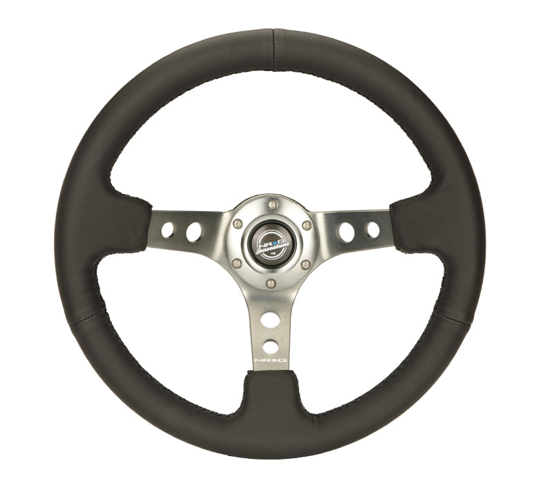 NRG Reinforced Steering Wheel (350mm / 3in. Deep) Blk Leather w/Gunmetal Circle Cutout Spokes