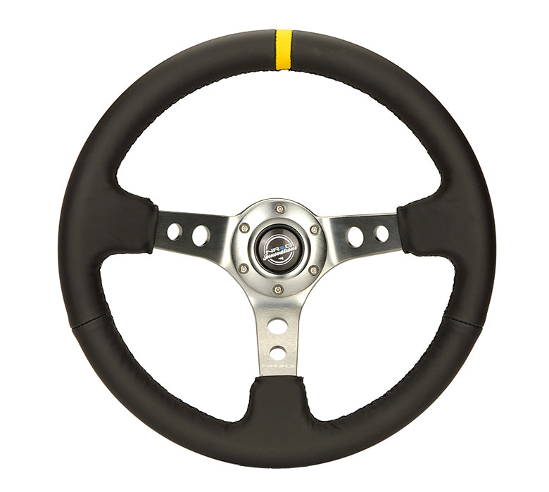 NRG Reinforced Steering Wheel (350mm / 3in. Deep) Blk Leather w/Gunmetal Cutout Spoke & Yellow CM