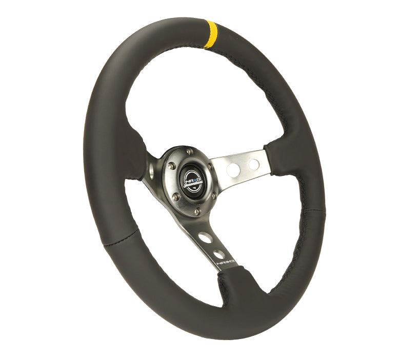 NRG Reinforced Steering Wheel (350mm / 3in. Deep) Blk Leather w/Gunmetal Cutout Spoke & Yellow CM - 0