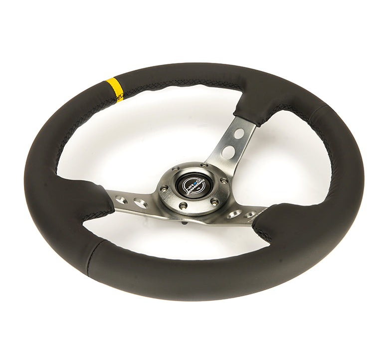 NRG Reinforced Steering Wheel (350mm / 3in. Deep) Blk Leather w/Gunmetal Cutout Spoke & Yellow CM