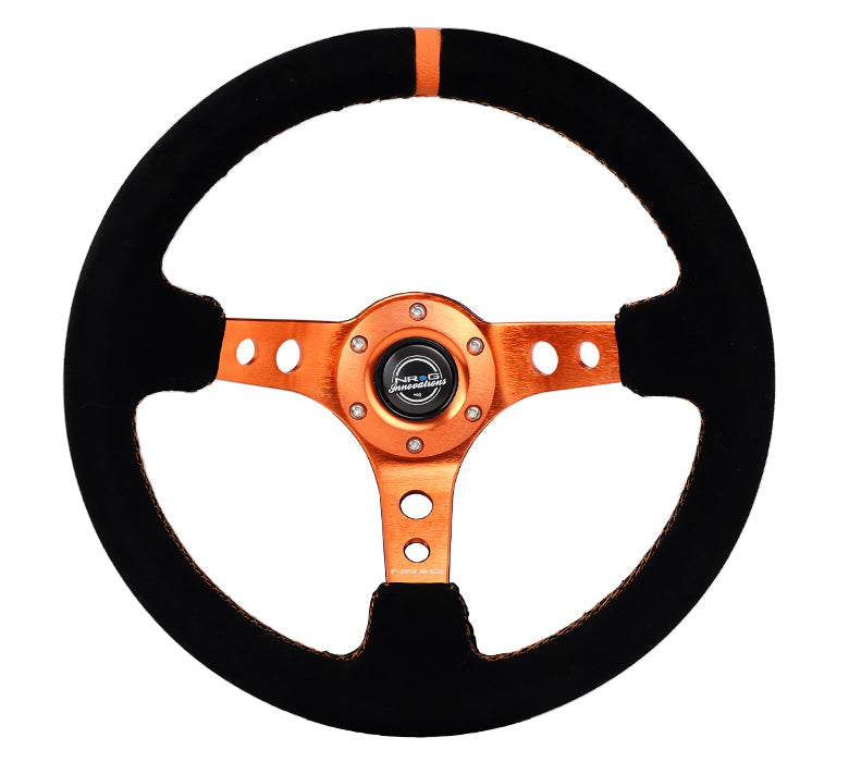 NRG Reinforced Steering Wheel (350mm/ 3in. Deep) Black Suede/ Orange Center Mark/ Orange Stitching