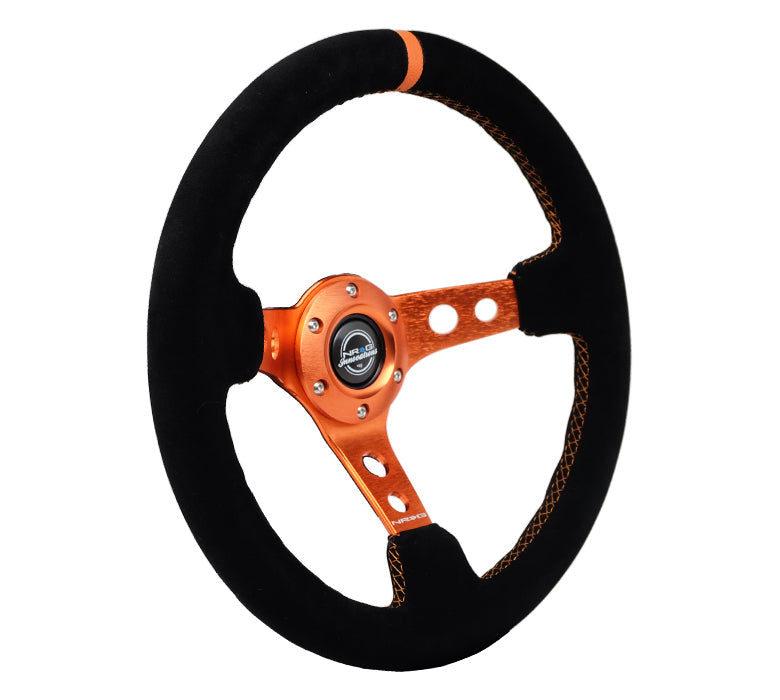 NRG Reinforced Steering Wheel (350mm/ 3in. Deep) Black Suede/ Orange Center Mark/ Orange Stitching - 0