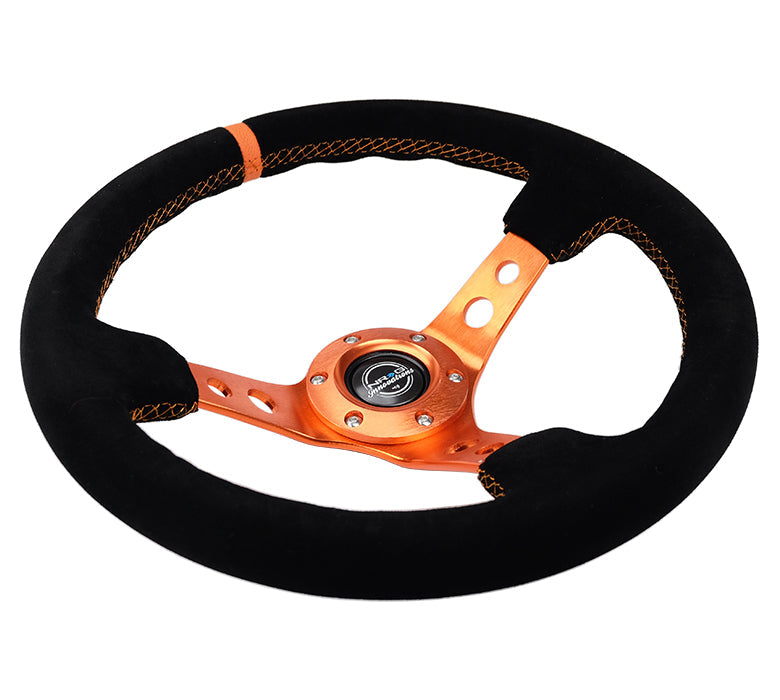 NRG Reinforced Steering Wheel (350mm/ 3in. Deep) Black Suede/ Orange Center Mark/ Orange Stitching