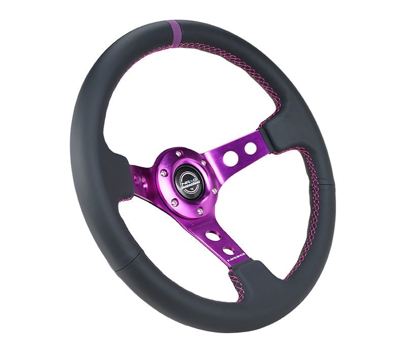 NRG Reinforced Steering Wheel (350mm / 3in. Deep) Black Leather w/Purple Center & Purple Stitching - 0