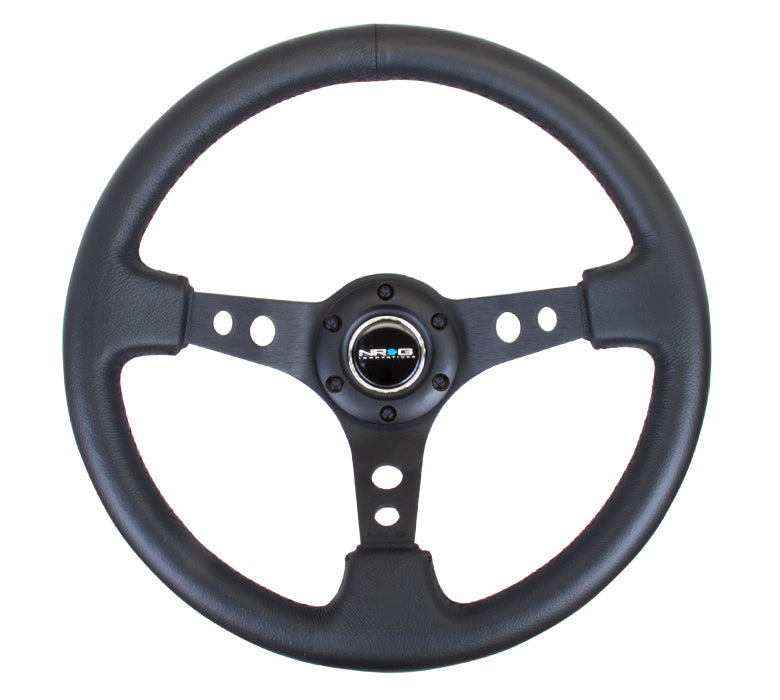 NRG Reinforced Steering Wheel (350mm / 3in. Deep) Blk Leather w/Blk Spoke & Circle Cutouts