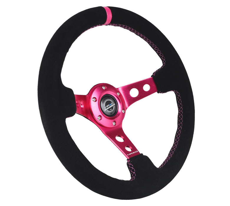 NRG Reinforced Steering Wheel (350mm/ 3in. Deep) Black Suede/ Fushia Center Mark/ Fushia Stitching - 0