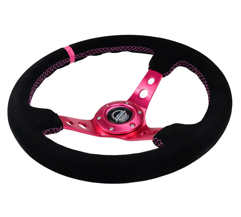 NRG Reinforced Steering Wheel (350mm/ 3in. Deep) Black Suede/ Fushia Center Mark/ Fushia Stitching