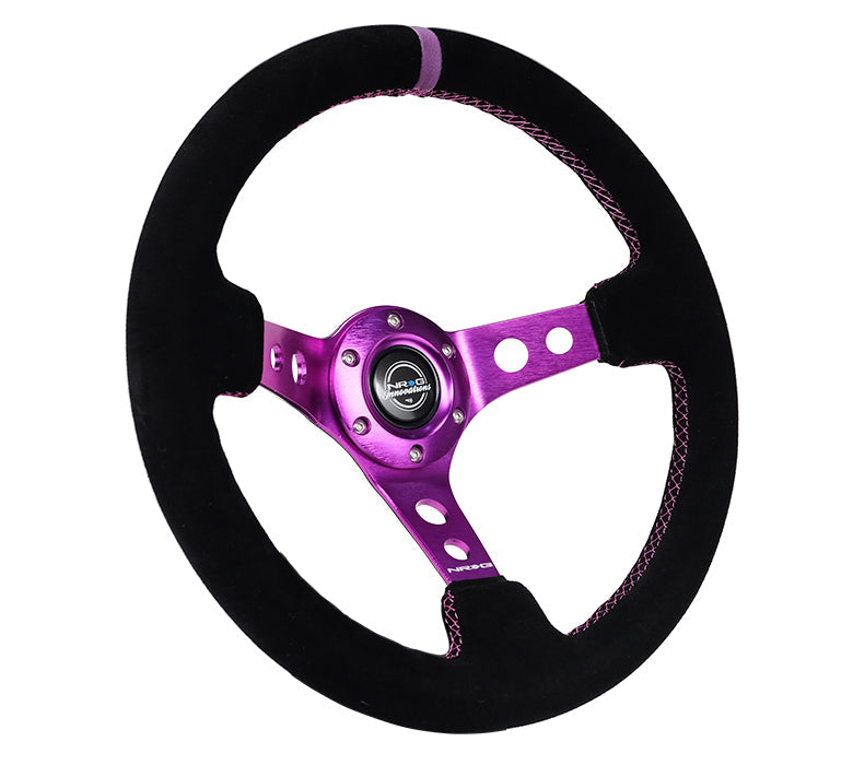 NRG Reinforced Steering Wheel (350mm / 3in. Deep) Black Suede w/Purple Center & Purple Stitching - 0