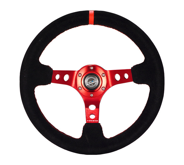 NRG Reinforced Steering Wheel (350mm / 3in. Deep) Blk Leather/Red Stitch w/Red Spoke