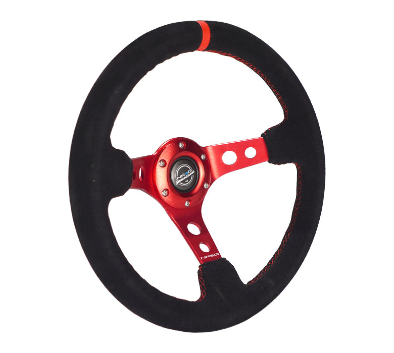 NRG Reinforced Steering Wheel (350mm / 3in. Deep) Blk Leather/Red Stitch w/Red Spoke - 0