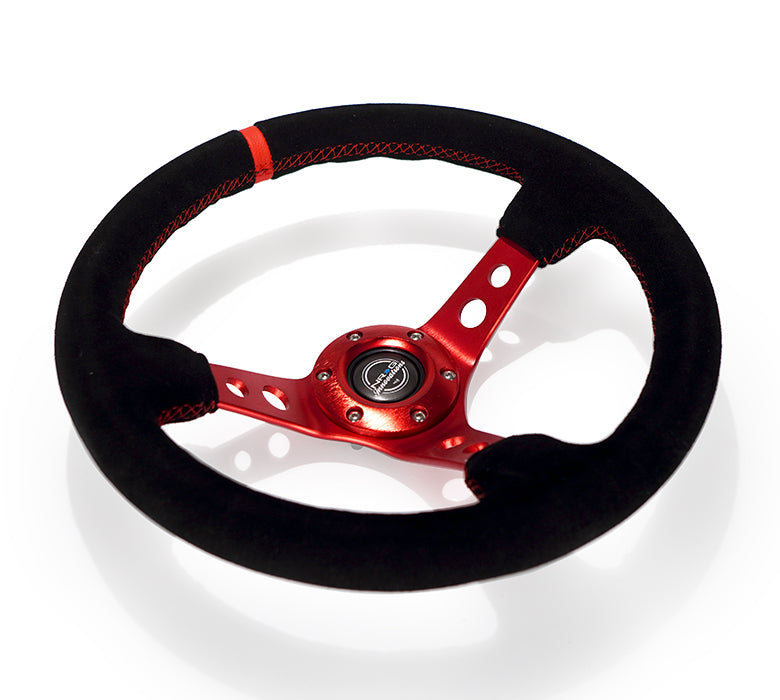 NRG Reinforced Steering Wheel (350mm / 3in. Deep) Blk Leather/Red Stitch w/Red Spoke