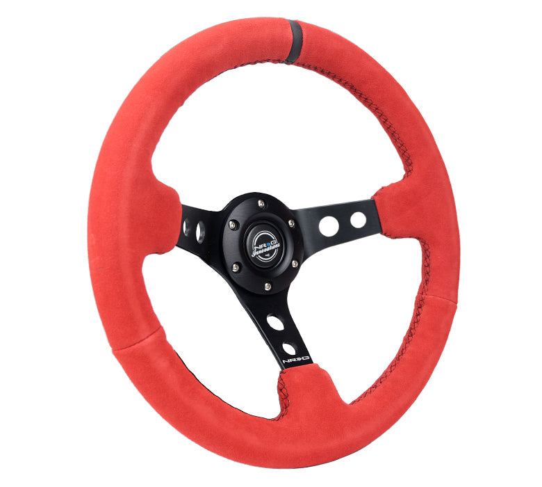 NRG Reinforced Steering Wheel (350mm / 3in. Deep) Red Suede w/Black Stitch - 0