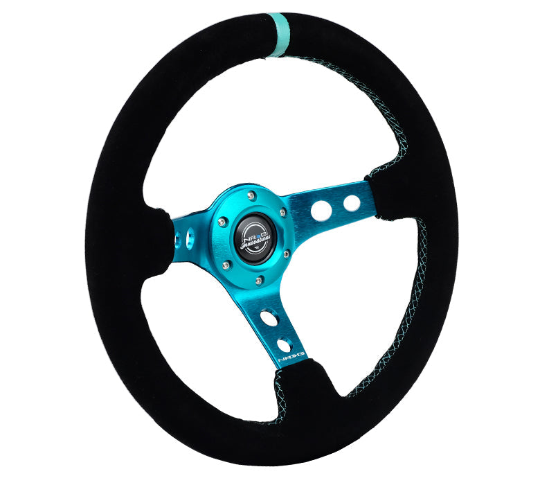 NRG Reinforced Steering Wheel (350mm/ 3in. Deep) Black Suede/ Teal Center Mark/ Teal Stitching - 0