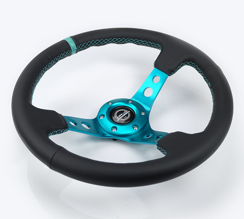 NRG Reinforce Steering Wheel (350mm / 3in. Deep) Blk Leather, Teal Center Mark w/ Teal Stitching - 0