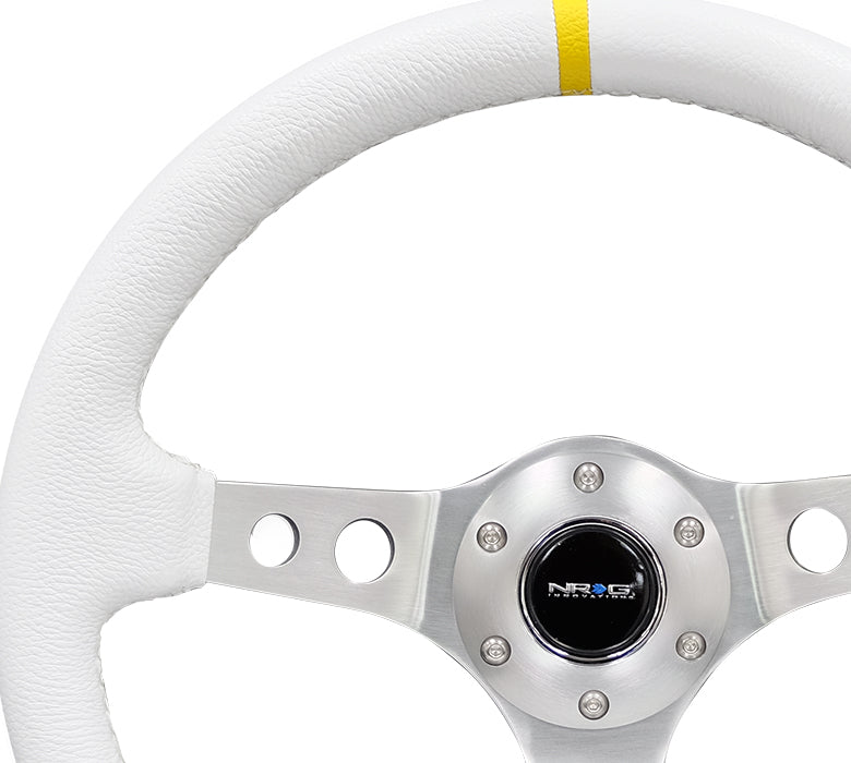 NRG Reinforced Steering Wheel (350mm / 3in. Deep) Wht Leather w/Silver Spoke & Single Yellow Mark - 0