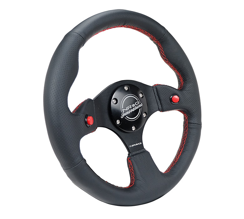 NRG Reinforced Steering Wheel (320mm) Blk Leather w/Dual Buttons - 0