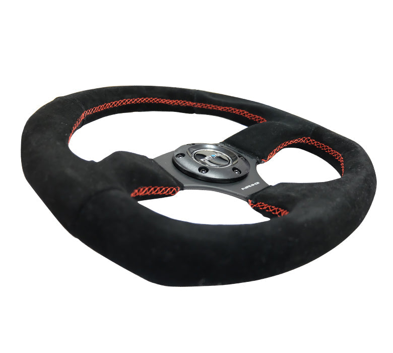 NRG Reinforced Steering Wheel (320mm Horizontal / 330mm Vertical) Suede w/Red Stitch - 0