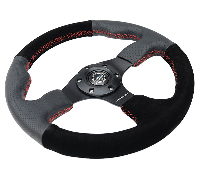 NRG Reinforced Steering Wheel (320mm/ 2.5in. Deep) Sport Leather / Suede w/ Red Stitch - 0