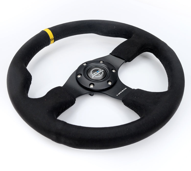 NRG Reinforced Steering Wheel (350mm/ 3in. Deep) Alcantara w/ Yellow Center w/ Black Stitch