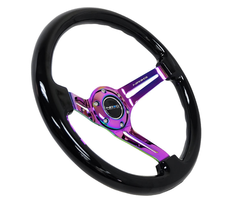 NRG Reinforced Steering Wheel (350mm / 3in. Deep) Blk Wood w/Blk Matte Spoke/Neochrome Center Mark - 0