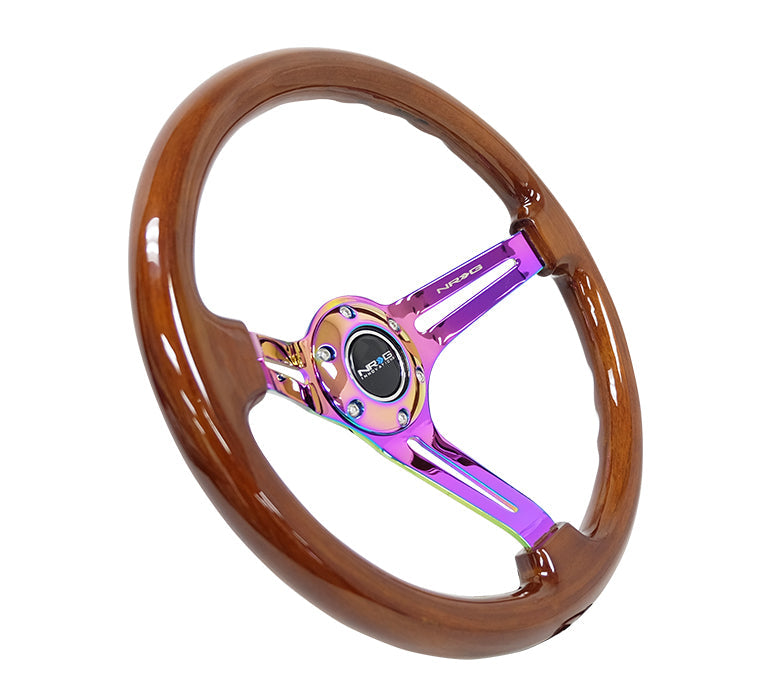 NRG Reinforced Steering Wheel (350mm / 3in. Deep) Brown Wood w/Blk Matte Spoke/Neochrome Center Mark - 0