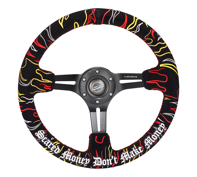 NRG Reinforced Steering Wheel (3in. Deep) Ryan Litteral Sig Red Alcan, Red Stich, Flame Embroidery