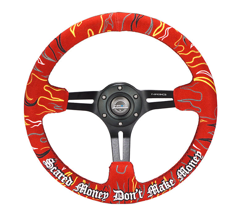 NRG Reinforced Steering Wheel (3in. Deep) Ryan Litteral Sig Blk Alcan, Red Stich, Flame Embroidery