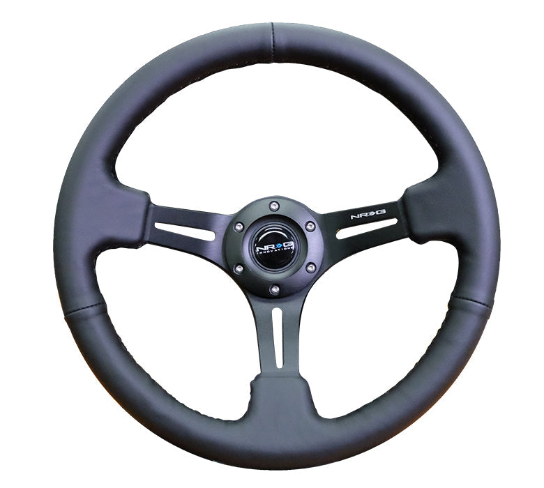 NRG Reinforced Steering Wheel (350mm / 3in. Deep) Black Leather w/ Black Stitching