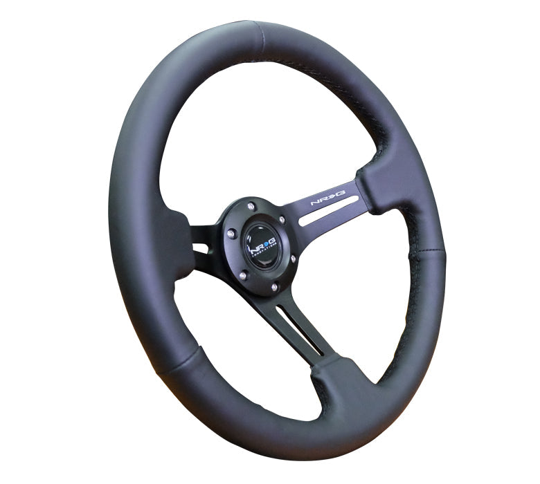 NRG Reinforced Steering Wheel (350mm / 3in. Deep) Black Leather w/ Black Stitching