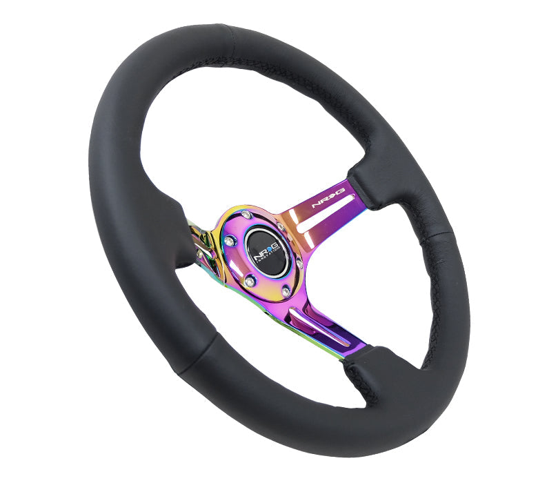 NRG Reinforced Steering Wheel (350mm / 3in. Deep) Blk Leather/Blk Stitch w/Neochrome Slits - 0