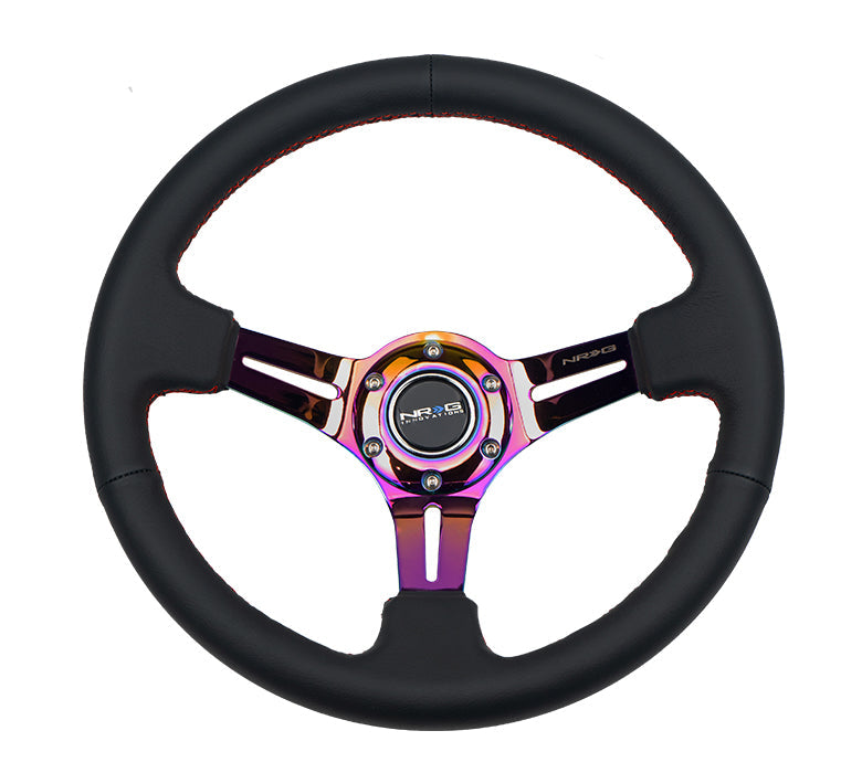 NRG Reinforced Steering Wheel (350mm / 3in. Deep) Blk Leather/Red Stitch w/Neochrome Slits