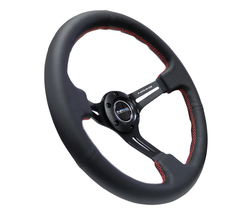 NRG Reinforced Steering Wheel (350mm / 3in. Deep) Black Leather/Red Stitch & Blk 3-Spoke w/Slits - 0