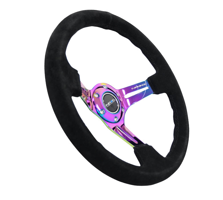 NRG Reinforced Steering Wheel (350mm / 3in. Deep) Blk Suede/Blk Stitch w/Neochrome Slits - 0