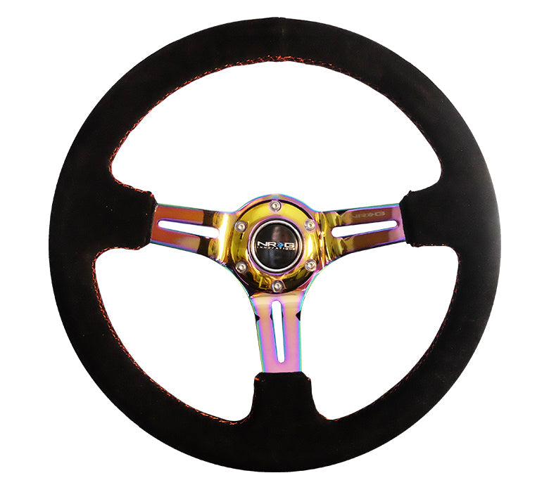 NRG Reinforced Steering Wheel (350mm / 3in. Deep) Blk Suede/Red Stitch w/Neochrome Slits