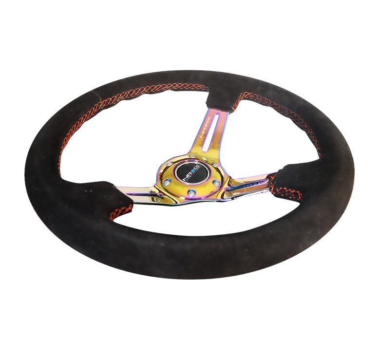 NRG Reinforced Steering Wheel (350mm / 3in. Deep) Blk Suede/Red Stitch w/Neochrome Slits - 0