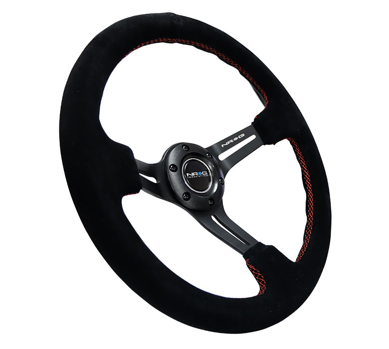 NRG Reinforced Steering Wheel (350mm / 3in. Deep) Blk Suede w/Red Stitching & 5mm Spokes w/Slits - 0