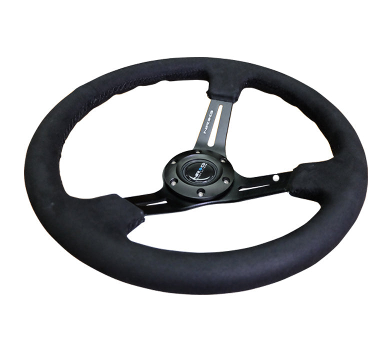 NRG Reinforced Steering Wheel (350mm / 3in. Deep) Black Leather w/ Alcantara Stitching