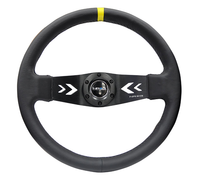 NRG Reinforced Steering Wheel (350mm / 3in Deep) Blk Leather w/NRG Arrow-Cut 2-Spoke & Sgl Yellow CM