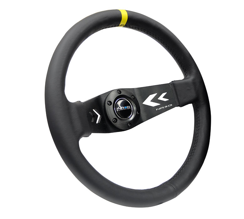 NRG Reinforced Steering Wheel (350mm / 3in Deep) Blk Leather w/NRG Arrow-Cut 2-Spoke & Sgl Yellow CM - 0