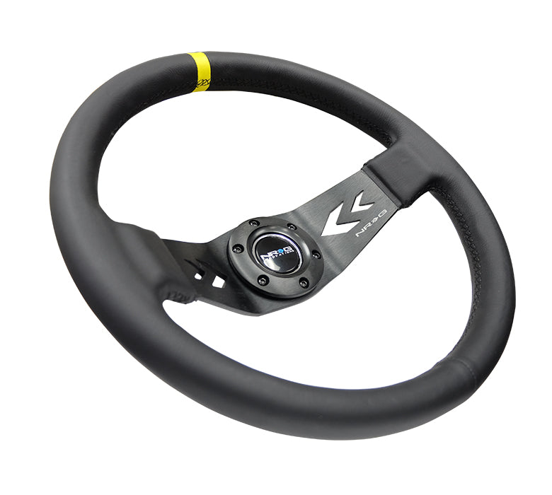 NRG Reinforced Steering Wheel (350mm / 3in Deep) Blk Leather w/NRG Arrow-Cut 2-Spoke & Sgl Yellow CM