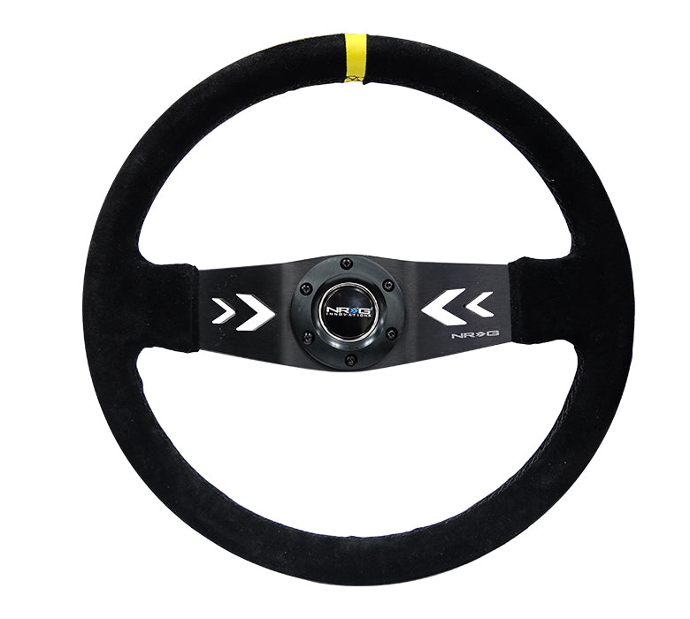 NRG Reinforced Steering Wheel (350mm / 3in. Deep) Blk Suede w/NRG Arrow Cut 2-Spoke & Yellow Mark