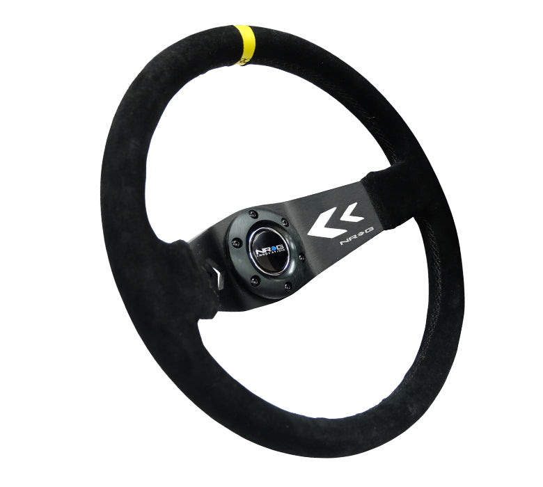 NRG Reinforced Steering Wheel (350mm / 3in. Deep) Blk Suede w/NRG Arrow Cut 2-Spoke & Yellow Mark - 0