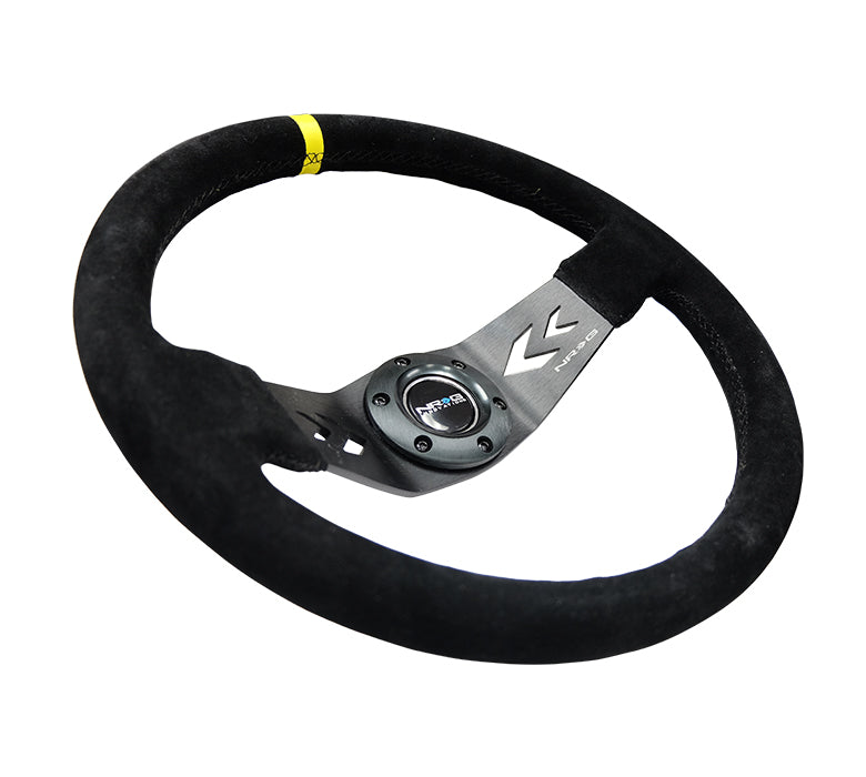 NRG Reinforced Steering Wheel (350mm / 3in. Deep) Blk Suede w/NRG Arrow Cut 2-Spoke & Yellow Mark