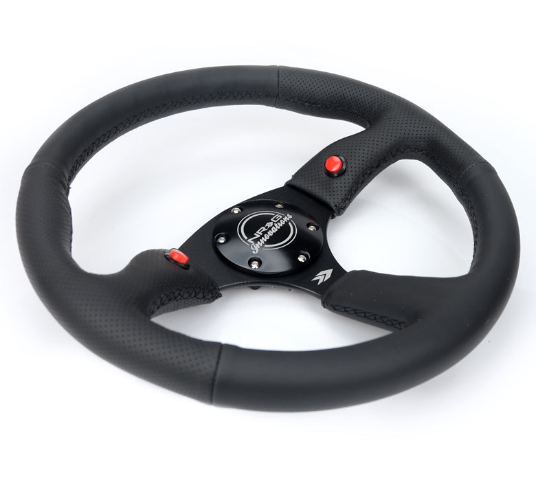 NRG Reinforced Steering Wheel (350mm/ 2.5in. Deep) Sport Leather Racing/ 4mm Matte Black Spoke - 0