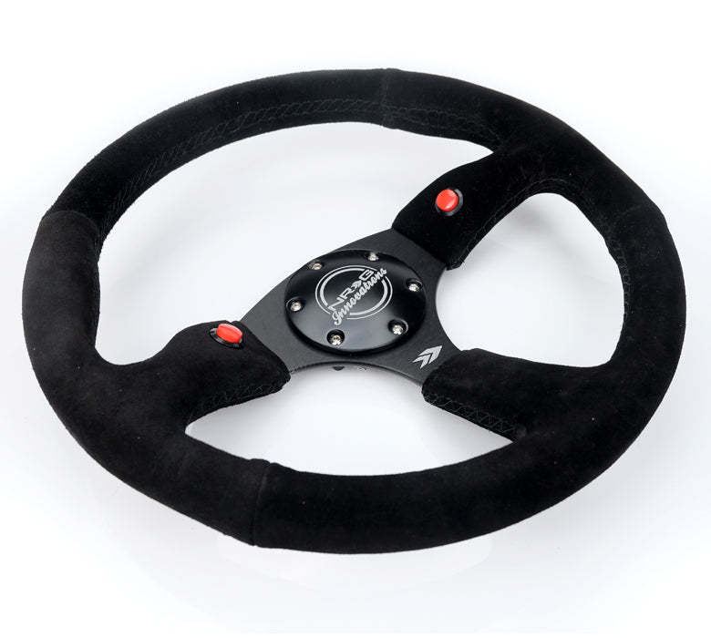 NRG Reinforced Steering Wheel (350mm/ 2.5in. Deep) Sport Suede Racing/ 4mm Matte Black Spoke